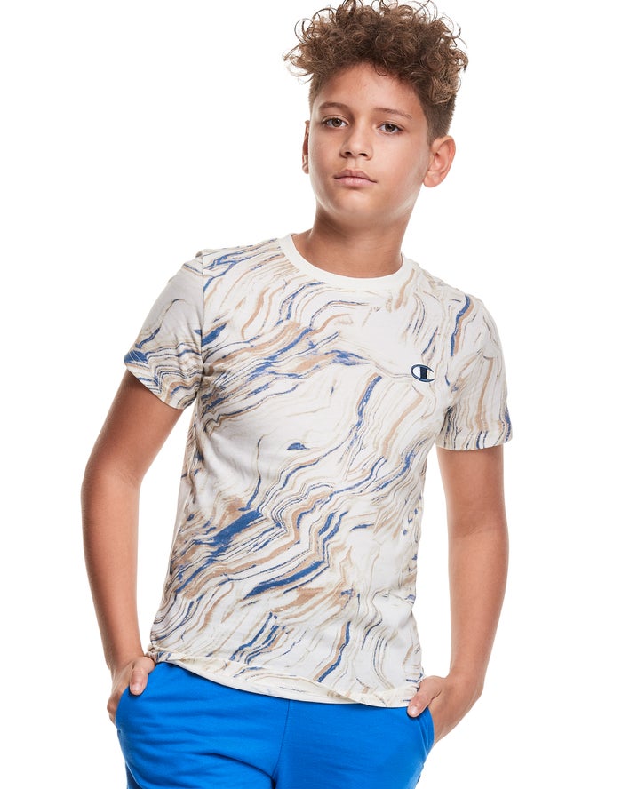 Champion Boys T-Shirt NZ - Marble Dye Print White/Blue ( 0796-EHNAQ )